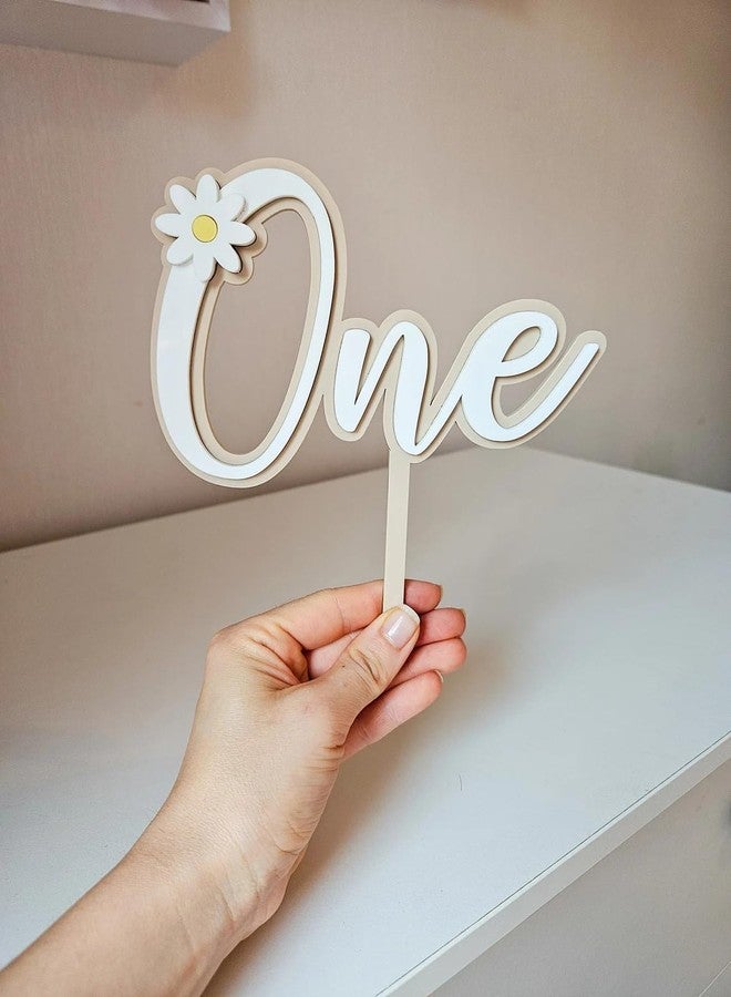 Curious Button Daisy Cake Topper | One | 1st Birthday Boho Style Calligraphy Topper for Baby Daisy Themed Party Decor | Wooden Cake Topper 6 Inch - Image 2